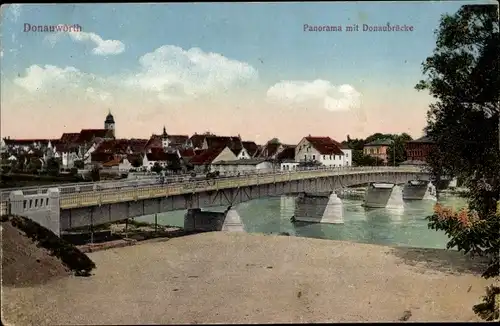 Ak Donauwörth in Schwaben Bayern, Donaubrücke, Panorama, Kirche