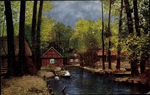 Ak Lehde Lübbenau im Spreewald, Kahn, Fährmann, Dorfeingang