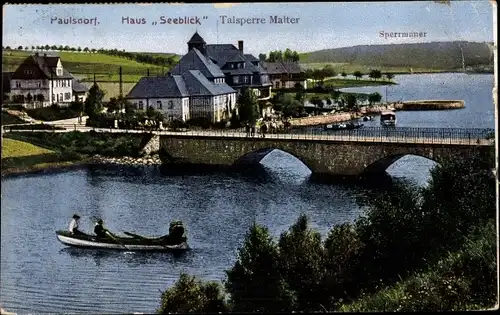 Ak Malter Dippoldiswalde, Talsperre Malter, Haus Seeblick, Paulsdorf, Sperrmauer, Ruderboot