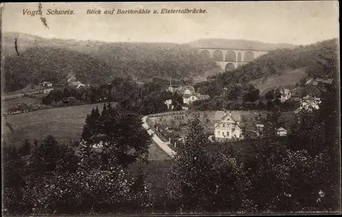 Ak Barthmühle Pöhl Vogtland, Blick auf den Ort und die Elstertalbrücke