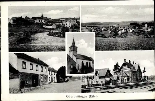 Ak Oberbettingen in der Eifel, Bahnhof, Gleisseite, Gasthaus zur Linde, Kirche, Totalansicht