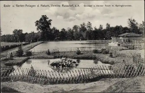 Ak Rußdorf Hilbersdorf in Thüringen, Badeanlagen des Naturheilvereins, Garten, Teiche, Springbrunnen