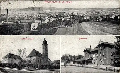 Ak Neustadt an der Orla, Gesamtansicht, Schlosskirche, Bahnhof, Gleisseite