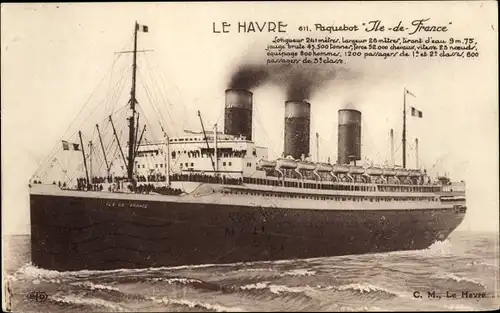 Ak Paquebot Ile de France, CGT, French Line