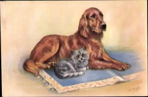 Künstler Ak Gear, M., Hund und Katze, Freundschaft, Kissen