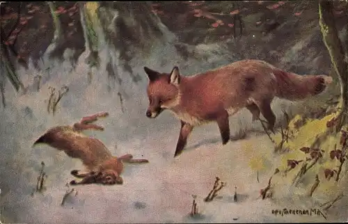 Künstler Ak Fuchs, Hase, Jagdbeute, Wald