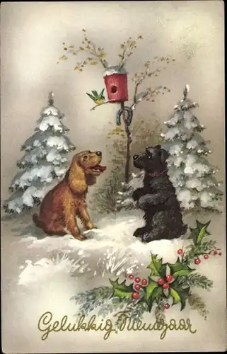 Ak Glückwunsch Neujahr, Hunde, Vogelhäuschen, Hufeisen, Stechpalme