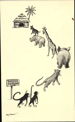 Künstler Ak Edelkoort, H., Afrikanische Tiere, Affen, Elefant, Giraffe, Nilpferd