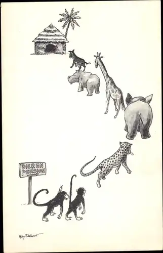 Künstler Ak Edelkoort, H., Afrikanische Tiere, Affen, Elefant, Giraffe, Nilpferd