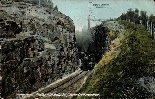 Ak Szklarska Poręba Nieder Schreiberhau Riesengebirge Schlesien, Moltke-Einschnitt, Eisenbahn