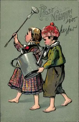Präge Litho Glückwunsch Neujahr, Kinder, Gießkanne