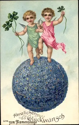 Präge Ak Glückwunsch Namenstag, Engel, Glücksklee, Vergissmeinnicht