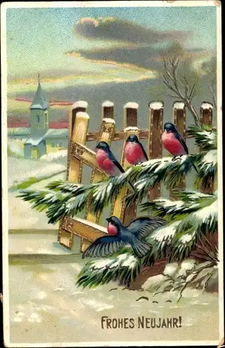 Ak Glückwunsch Neujahr, Vögel am Tannenbaum