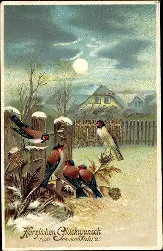 Mondschein Ak Glückwunsch Neujahr, Vögel am Baum, Wohnhäuser