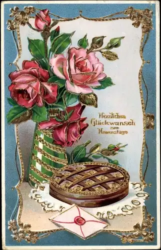 Ak Glückwunsch Namenstag, Rosen, Blumenvase, Kuchen