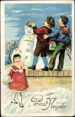Ak Glückwunsch Neujahr, Kinder bauen einen Schneemann