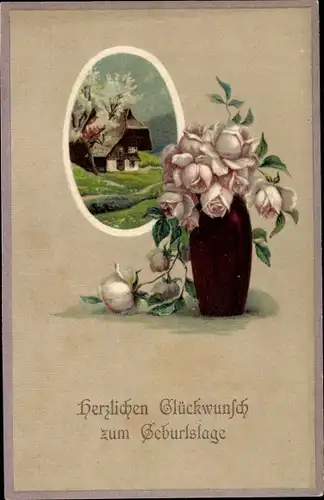 Präge Ak Glückwunsch Geburtstag, Blumenvase, Rosen