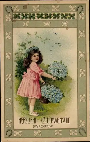 Passepartout Ak Glückwunsch Geburtstag, Mädchen, Vergissmeinnicht, Glücksklee, Hufeisen