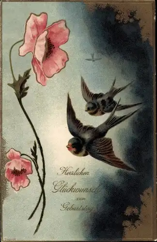 Präge Ak Glückwunsch Geburtstag, Vögel, Blumen