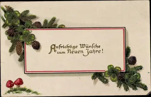 Präge Ak Glückwunsch Neujahr, Glücksklee, Pilze, Tannenzweige