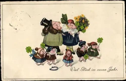 Ak Glückwunsch Neujahr, Schweine mit Kleeblättern, Hufeisen