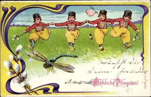 Litho Glückwunsch Pfingsten, Libelle, Weidenkätzchen, Kinder in Volkstrachten