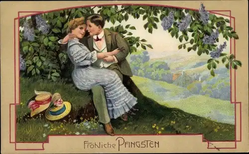 Präge Ak Glückwunsch Pfingsten, Liebespaar, Baum, Hut