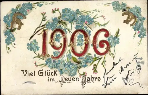 Präge Ak Glückwunsch Neujahr 1906, Hufeisen, Vergissmeinnicht