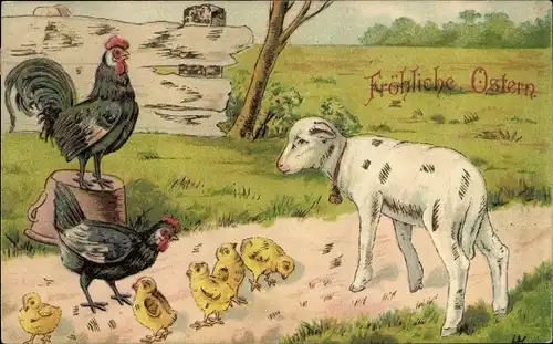 Präge Künstler Ak Glückwunsch Ostern, Lamm, Hühner, Küken
