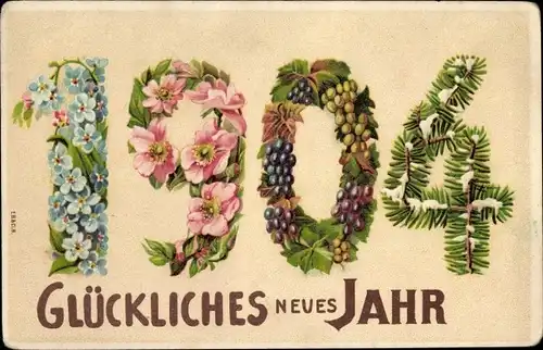 Präge Litho Glückwunsch Neujahr 1904, Blumen, Vergissmeinnicht, Weintrauben, Tannenbaum