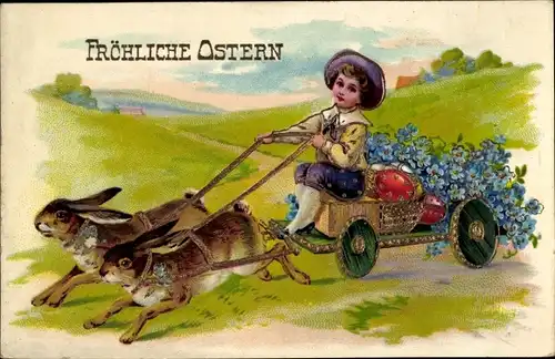 Präge Ak Glückwunsch Ostern, Osterhasen, Kind, Ostereier, Vergissmeinnicht