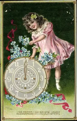 Ak Glückwunsch Neujahr, Mädchen, Uhr, Vergissmeinnicht