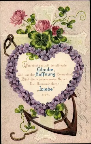 Präge Ak Glückwunsch, Veilchenherz, Kleeblätter, Kreuz, Anker
