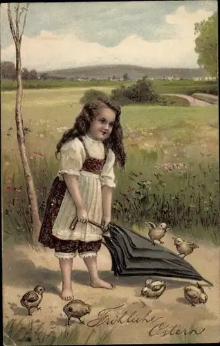 Präge Ak Glückwunsch Ostern, Küken, Mädchen, Sonnenschirm