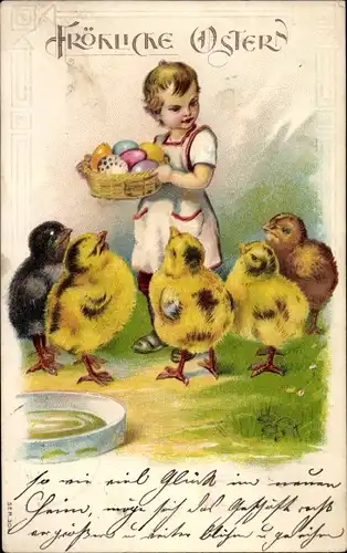 Präge Ak Glückwunsch Ostern, Kind, Ostereier, Küken