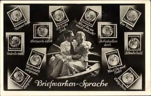 Briefmarken Ak Briefmarkensprache, Liebespaar, Komme bald, Ich liebe Dich