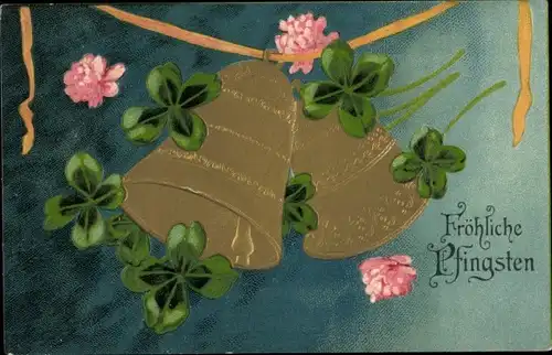 Präge Ak Glückwunsch Pfingsten, Glücksklee, Glocken