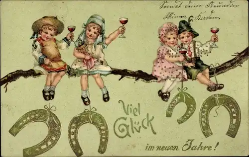 Präge Litho Glückwunsch Neujahr, Kinder trinken Sekt, Hufeisen