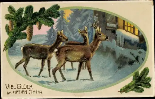 Ak Glückwunsch Neujahr, Rehe, Hirsch, Tannenzweige