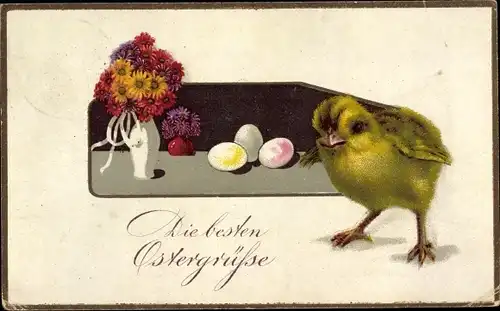 Ak Glückwunsch Ostern, Küken, Ostereier, Blumenstrauß