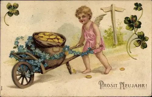 Präge Ak Glückwunsch Neujahr, Engel, Schubkarre, Münzen, Vergissmeinnicht, Glücksklee