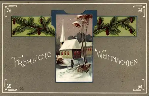 Ak Glückwunsch Weihnachten, Tannenzweige, Kirche