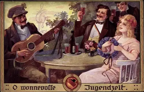 Ak Menschen am Tisch, Gitarre, Frau mit Blumenkranz, Liebe, Bier