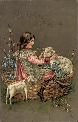 Präge Ak Glückwunsch Ostern, Mädchen, Korb, Lämmer, Weidenkätzchen, Vergissmeinnicht