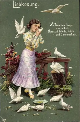 Präge Ak Liebkosung, Frau, Tauben, Kitsch