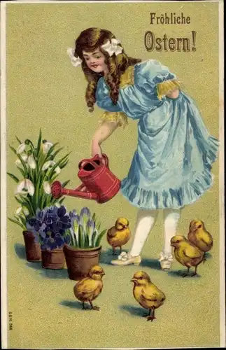 Präge Ak Glückwunsch, Ostern, Veilchen, Küken, Gießkanne