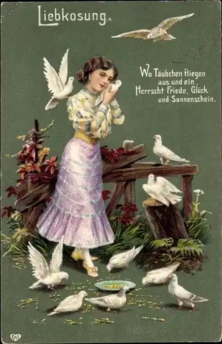 Präge Ak Liebkosung, Frau, Tauben, Kitsch