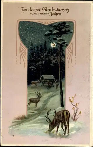 Mondschein Ak Glückwunsch Neujahr, Hirsche, Fütterung