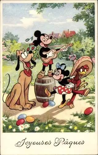 Ak Glückwunsch Ostern, Ostereier, Mickey Mouse, Minnie, Pluto