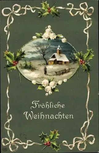 Präge Passepartout Ak Glückwunsch Weihnachten, Stechpalme, Maiglöckchen, Kirche